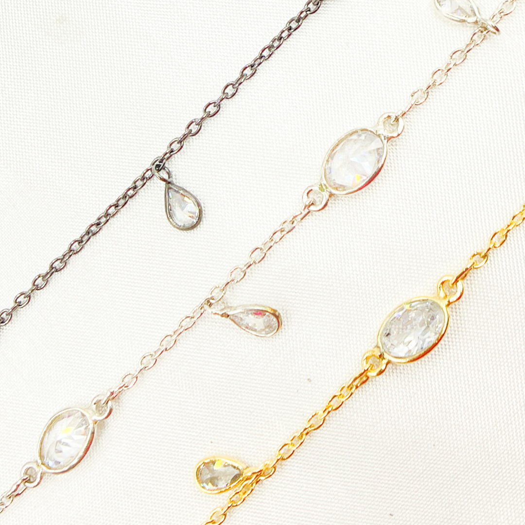 CZ34. Tear Drop Shape Dangle & Oval Connector Cubic Zirconia Chain