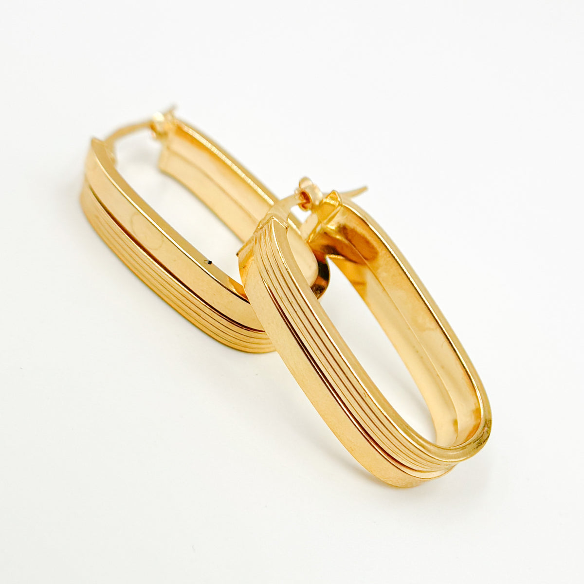 Solid Gold Smooth and Ribbed Rectangular Hollow Hoop Earrings