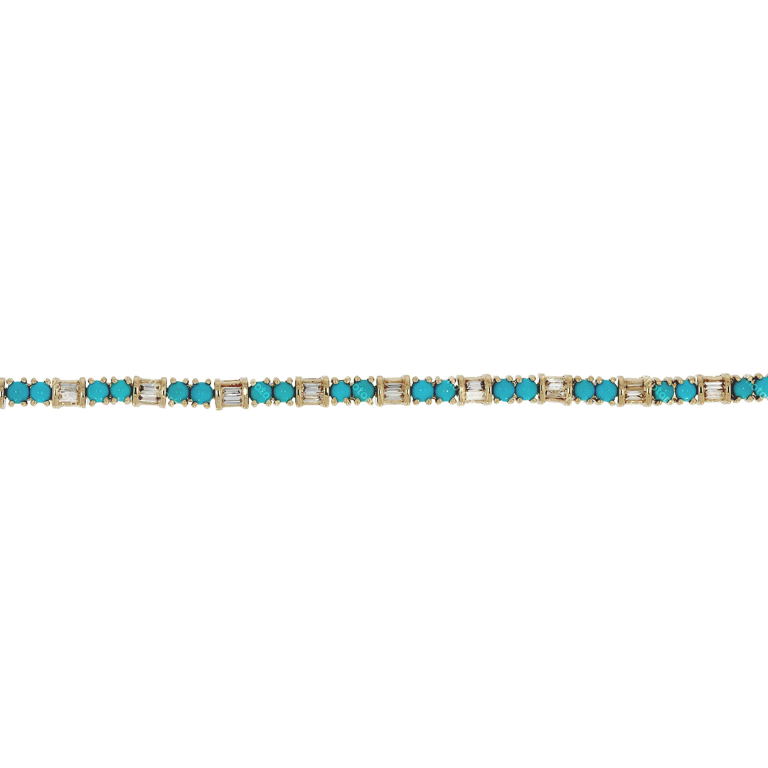 BTO65046TQ. 14K Solid Gold Diamond Baguette and Turquoise Fancy Bracelet