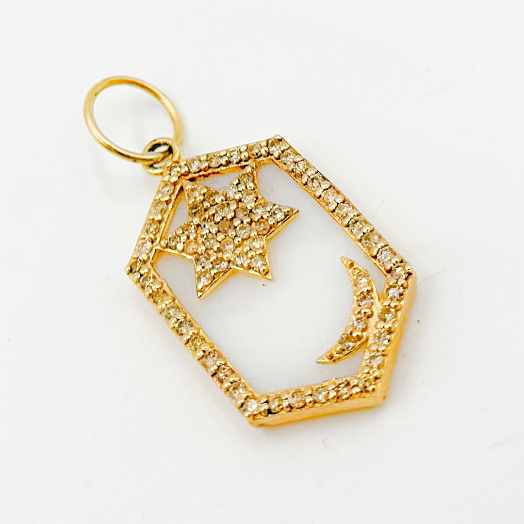 GDP583. 14K Solid Gold Star and Moon Rectangle Pendant