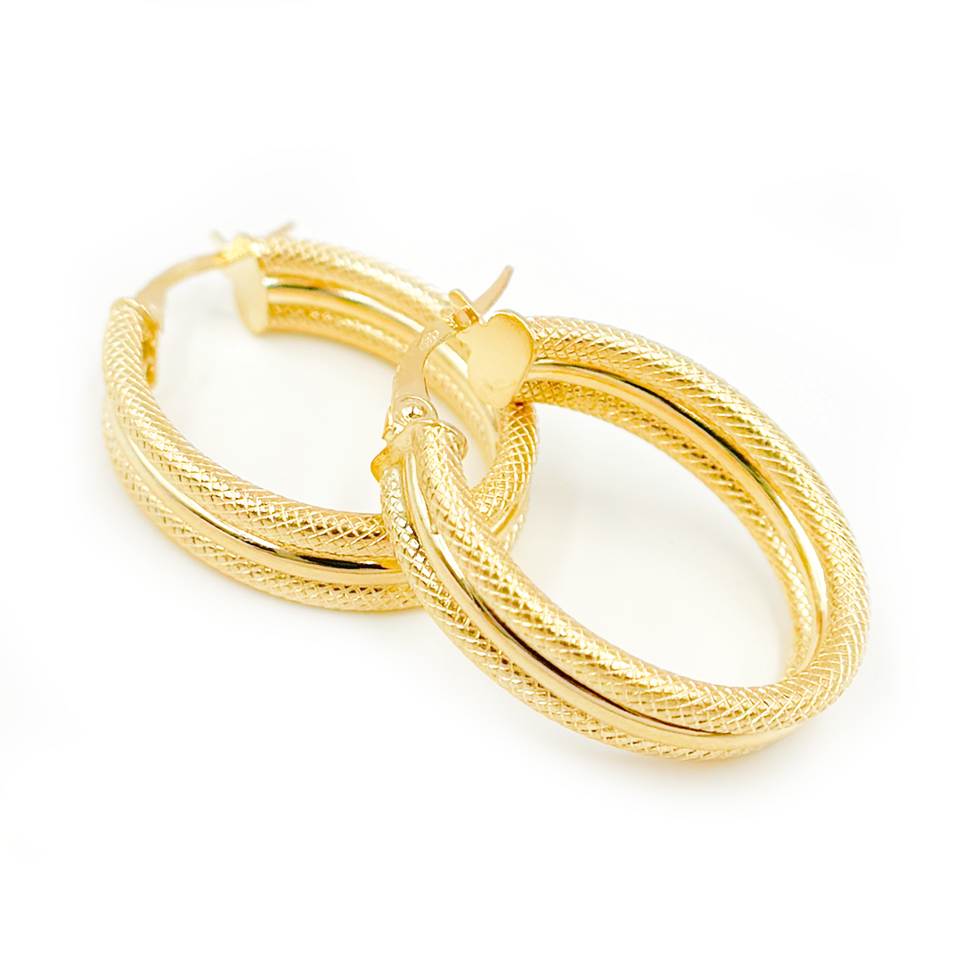 15850025517. 14K Solid Gold Smooth and Textured Oval Hollow Hoop Earrings