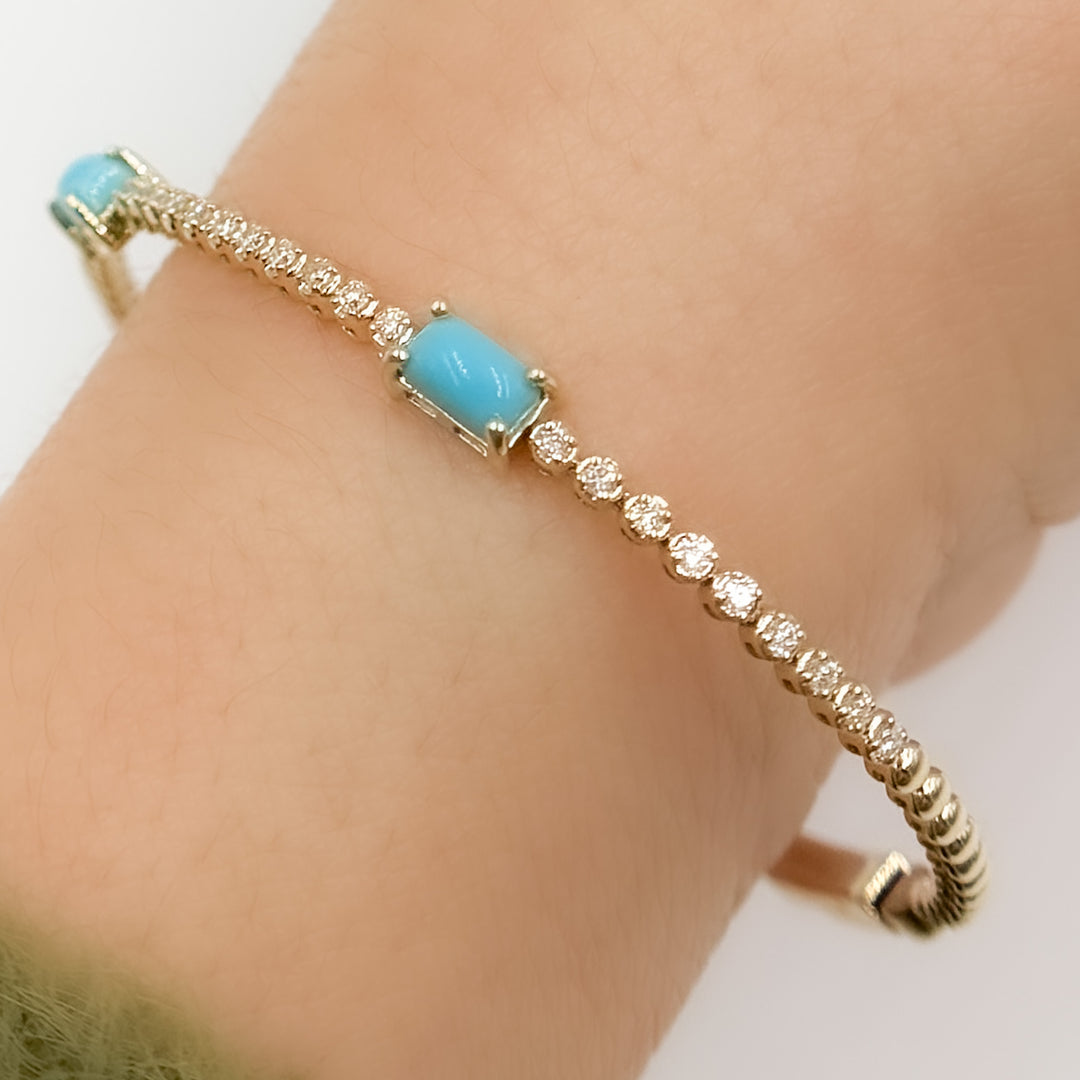 BNF68563TQ. 14K Solid Yellow Gold Diamond and Turquoise Bangle