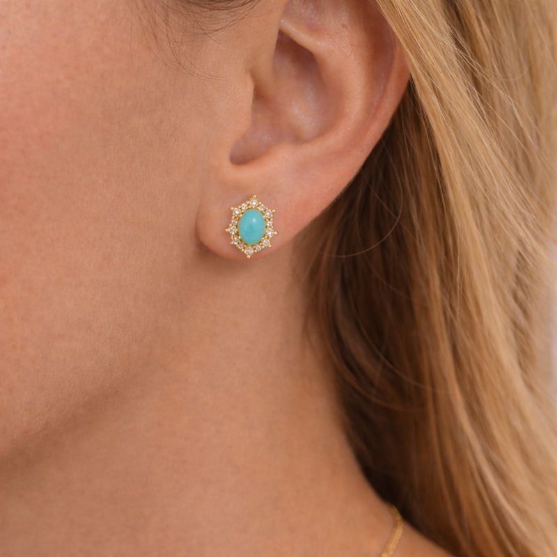CE96209TQ6X4. 14k Solid Gold Diamond and Turquoise Stud Earrings