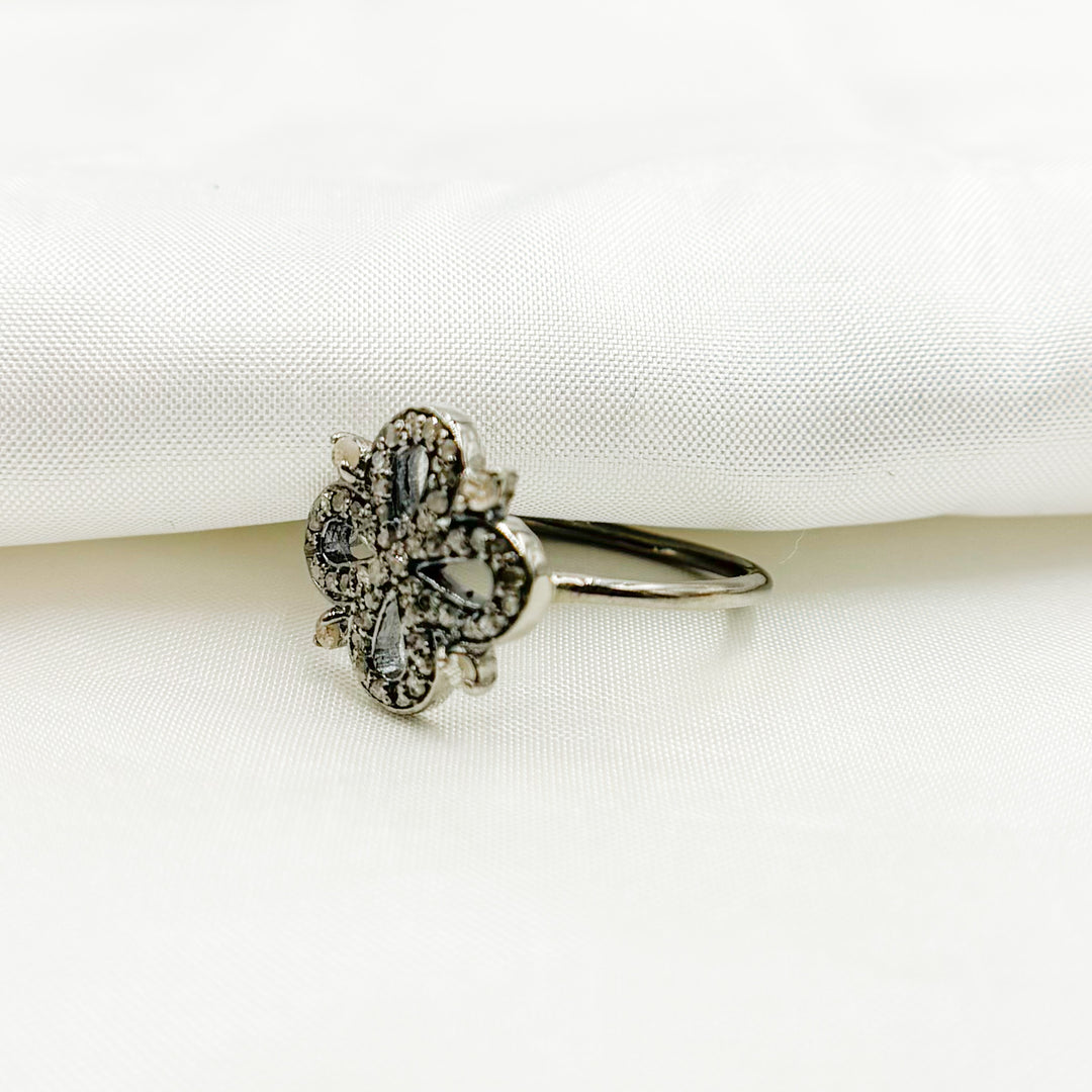 DE015. Diamond Black Rhodium Sterling Silver Flower Ring