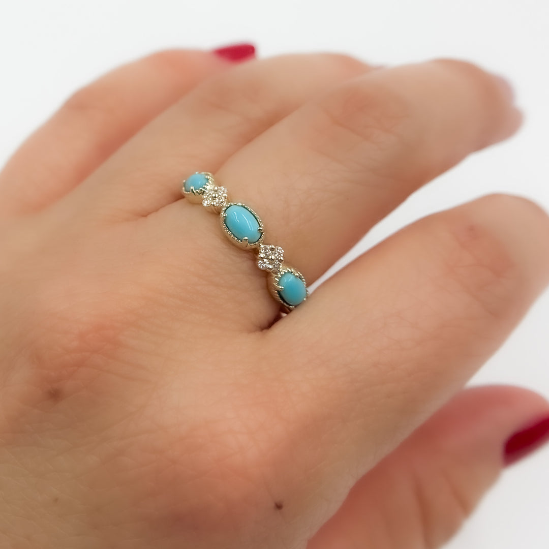 CR97067TQ5X3. 14K Solid Yellow Gold Diamond and Turquoise Band Ring