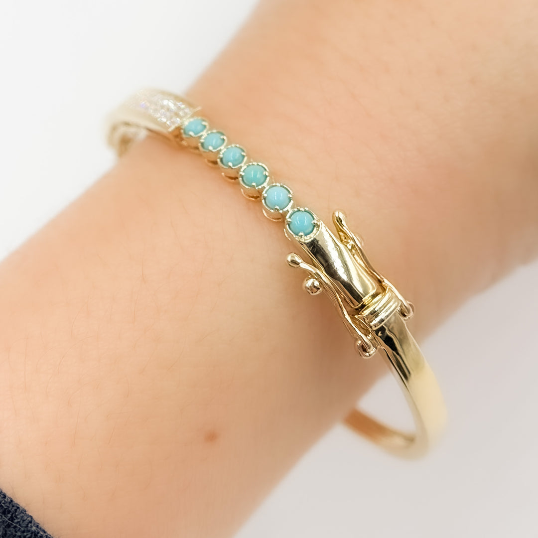 BNH68564TQ. 14K Solid Gold Diamond and Round Turquoise Bangle