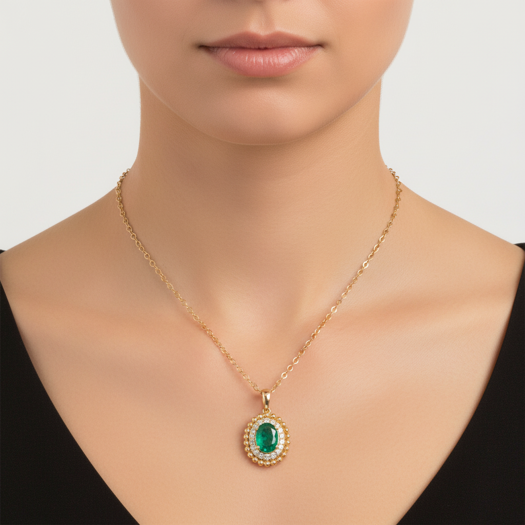 CP96735EM8X6. 18K Solid Gold Diamond & Emerald Pendant