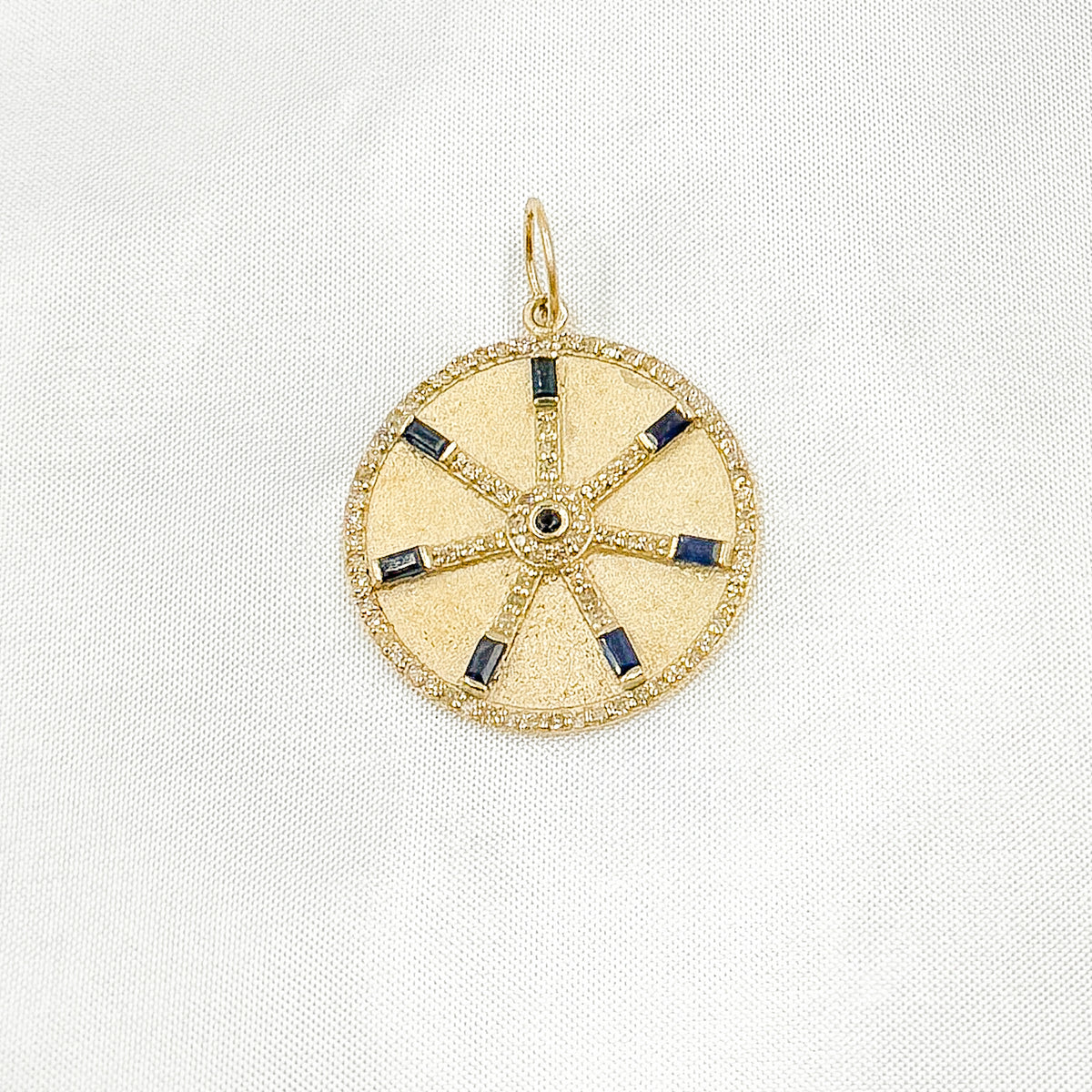 14K Solid Gold Diamonds Circle Charm with Lines and Gemstones. GDP567