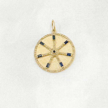 14K Solid Gold Diamonds Circle Charm with Lines and Gemstones. GDP567