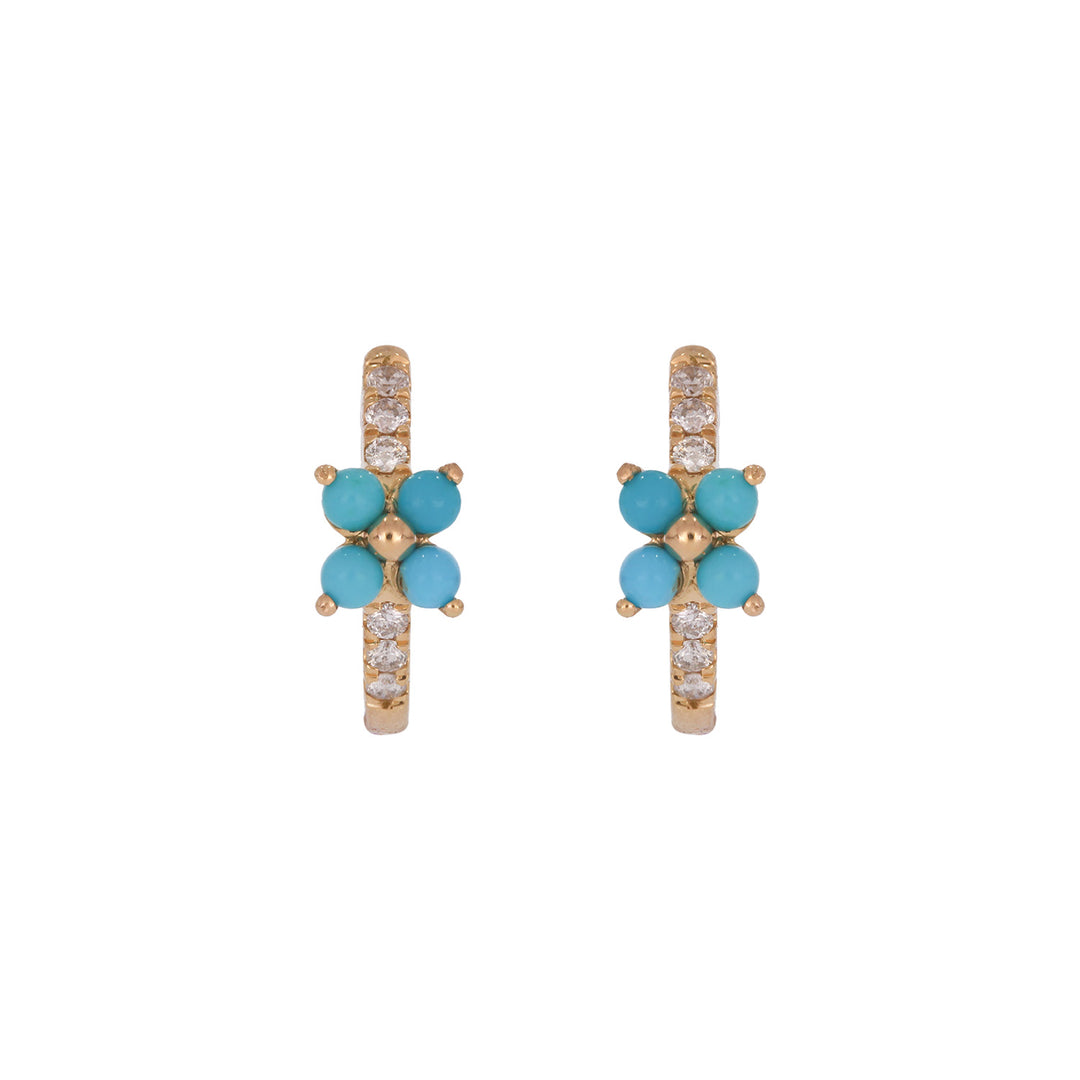 EHC57662TQ18K. 18K Solid Gold Floral Diamond & Turquoise Hoop Earrings