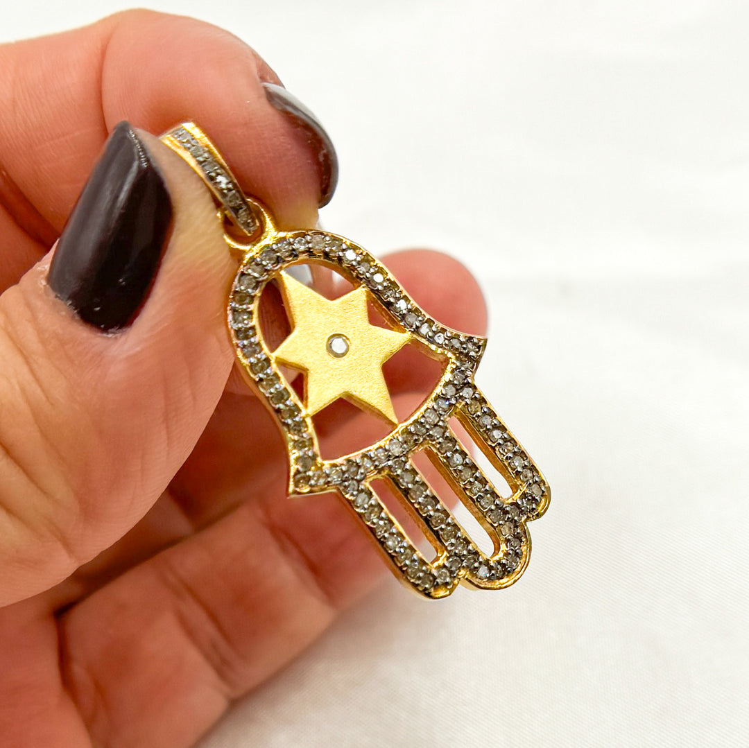 DP597. Diamond & Sterling Silver Star Hamsa Pendant