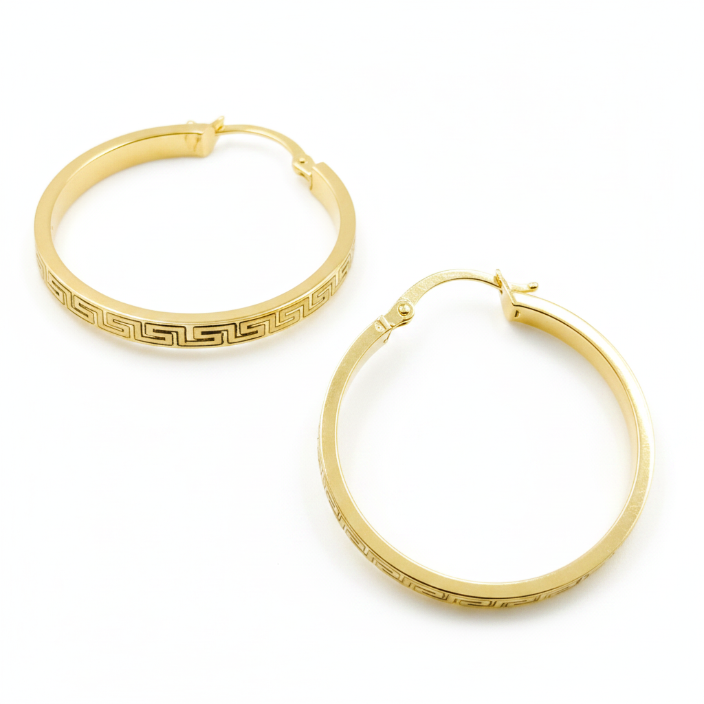 GER57. 14K Gold Hollow Flat Round Hoop Earrings with Texture