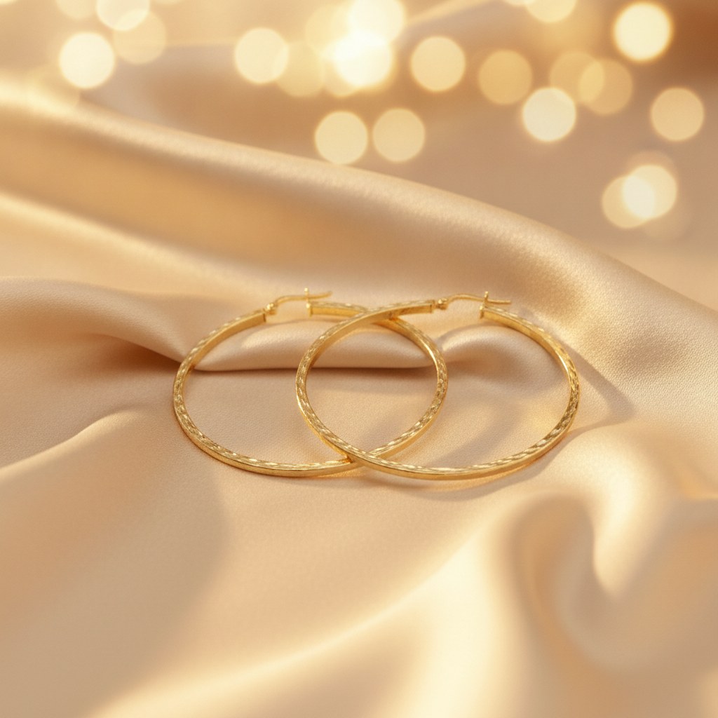 GER157. 14K Solid Gold Hollow Flat Diamond Cut Hoop