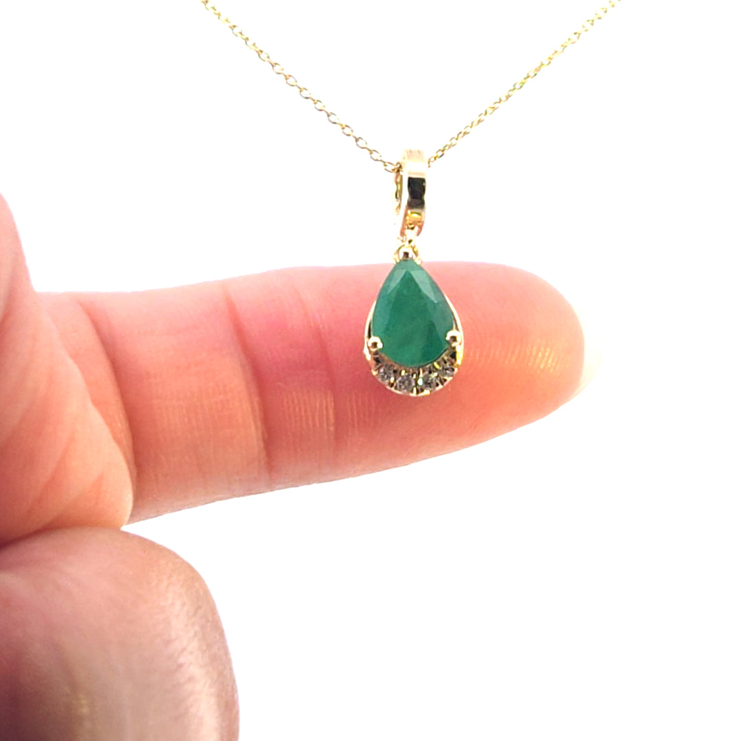 CMA00343EM. 14K Solid Gold Drop-Shaped Emerald and Diamond Charm