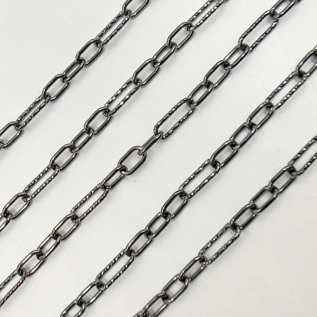 V143BR. Black Rhodium Sterling Silver Smooth and Diamond Cut Paperclip Chain