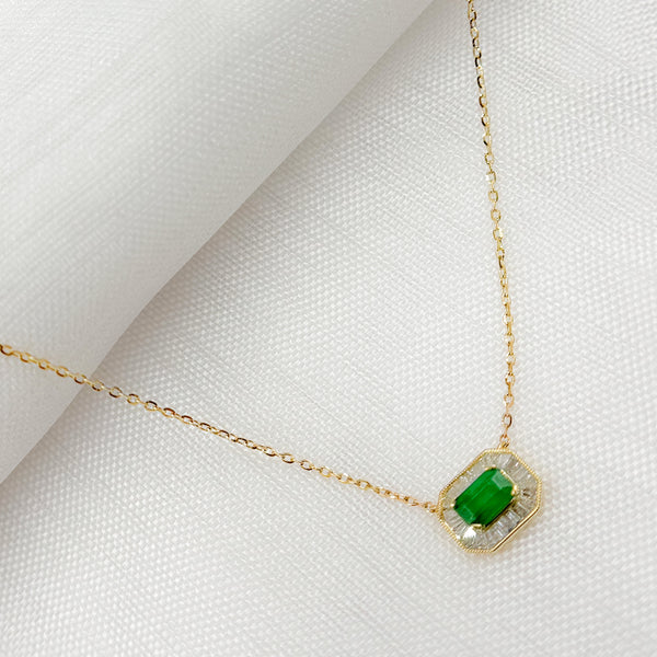 14K Solid Gold Octagon Emerald Fancy Tiny Necklace