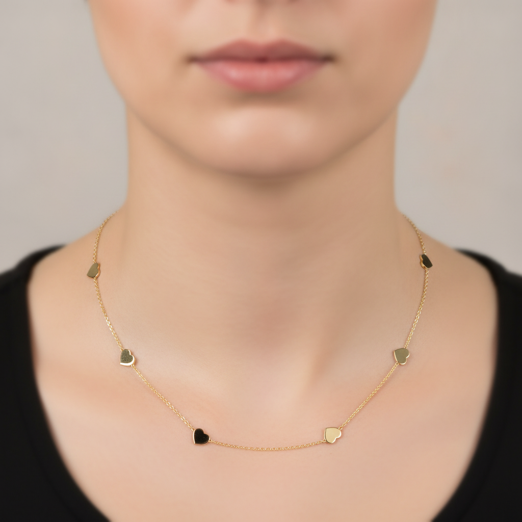 NKSET418. 14k Solid Yellow Gold Heart Link Necklace
