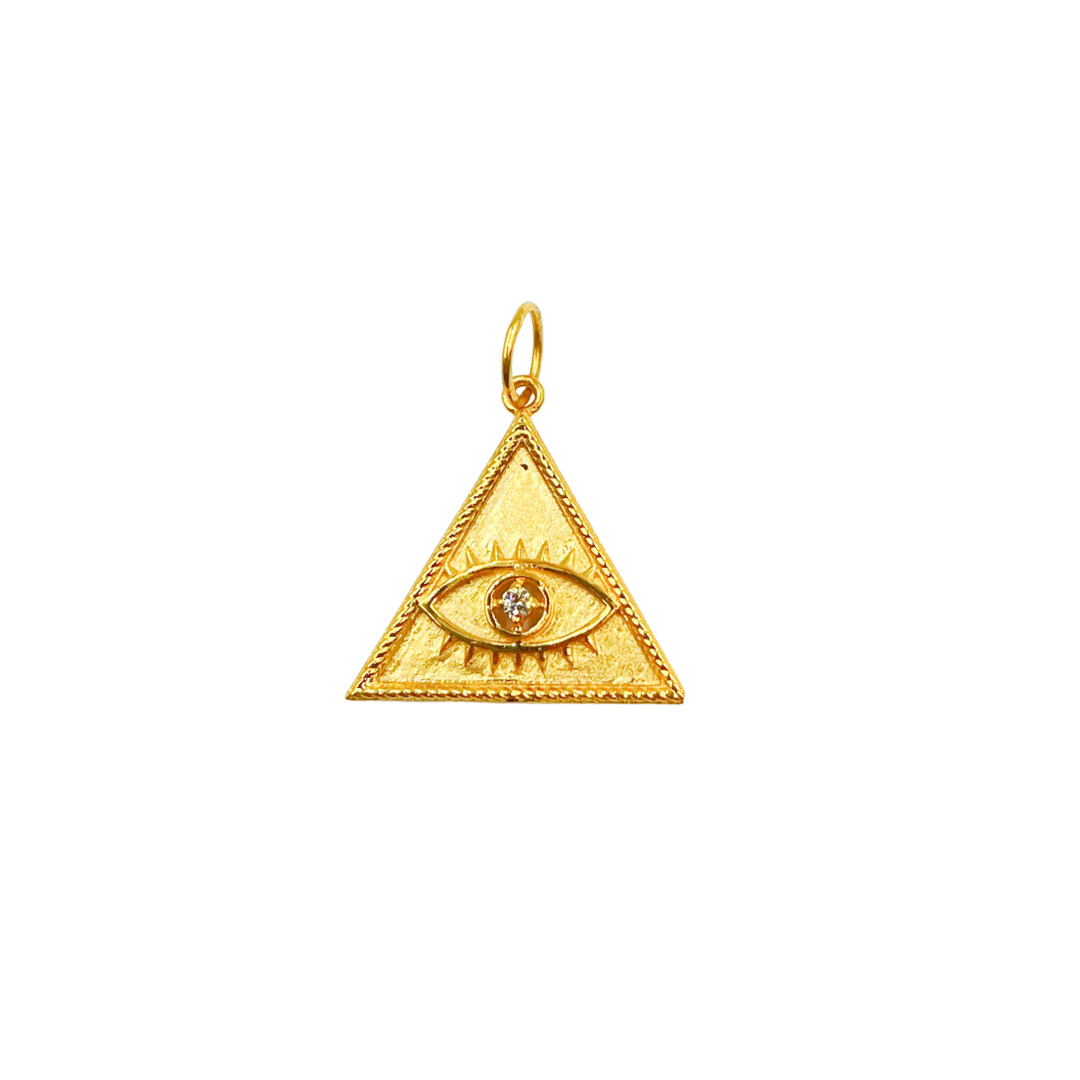 14K Solid Gold Charm. Triangle Evil Eye Pendant with Diamonds. GDP334