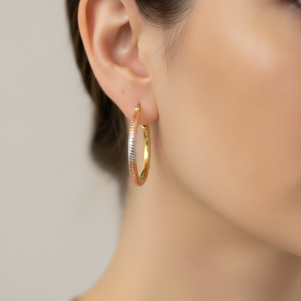 GER72. 14K Gold Tri-Color Hollow Hoop Earrings with Engraved Tornado Design