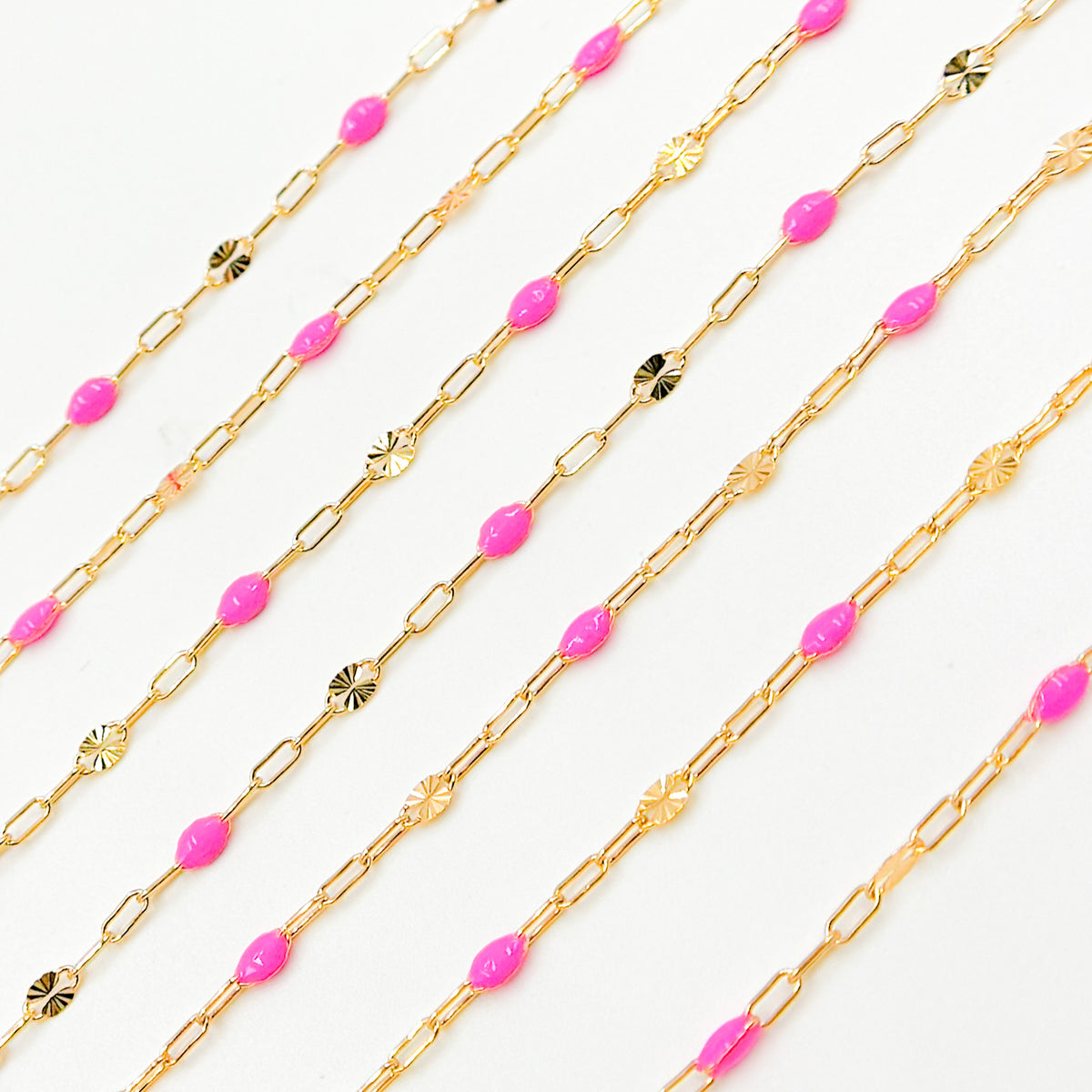 V295PKGF. 14K Gold Filled Pink Color Enamel with Paperclip and Diamond Cut Marina Links