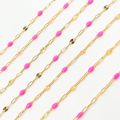 V295PKGF. 14K Gold Filled Pink Color Enamel with Paperclip and Diamond Cut Marina Links