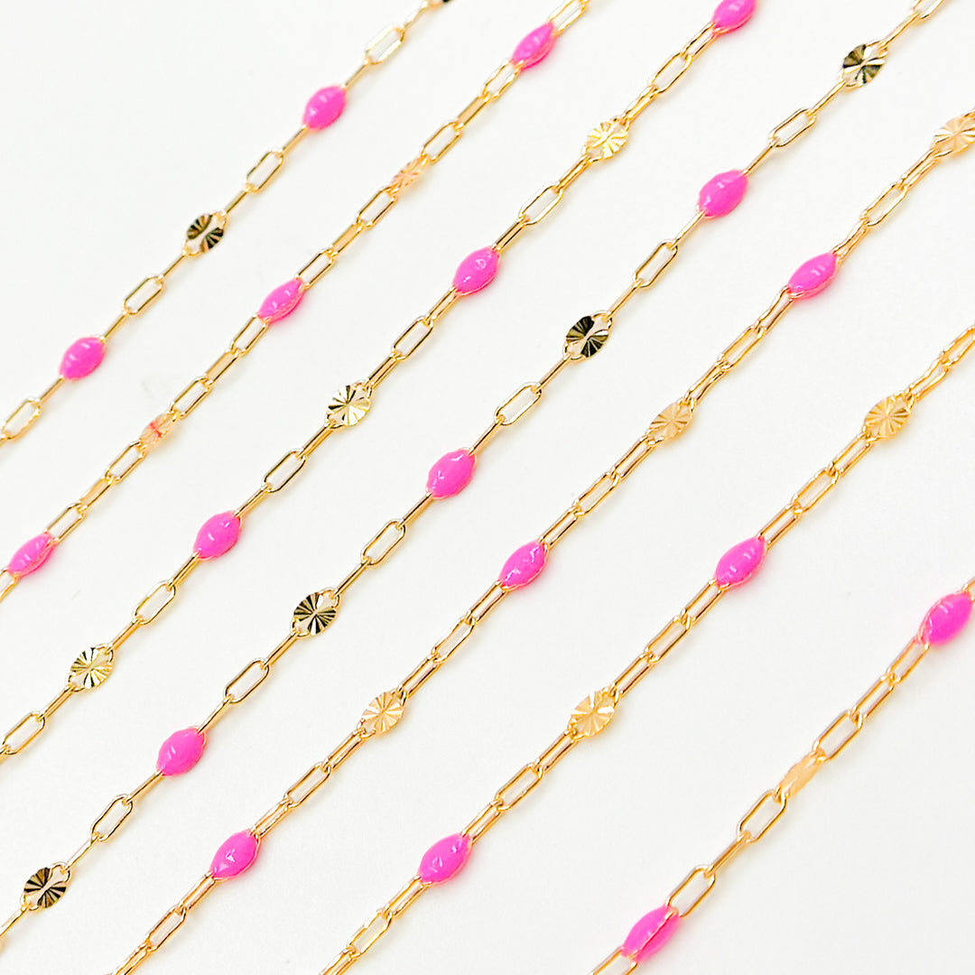V295PKGF. 14K Gold Filled Pink Color Enamel with Paperclip and Diamond Cut Marina Links