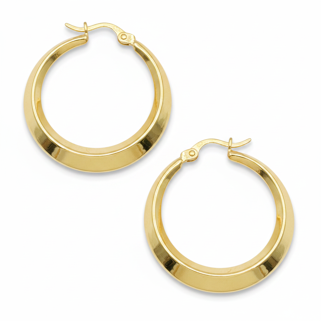 GER131. 14K Solid Gold Hollow Hoop Earrings
