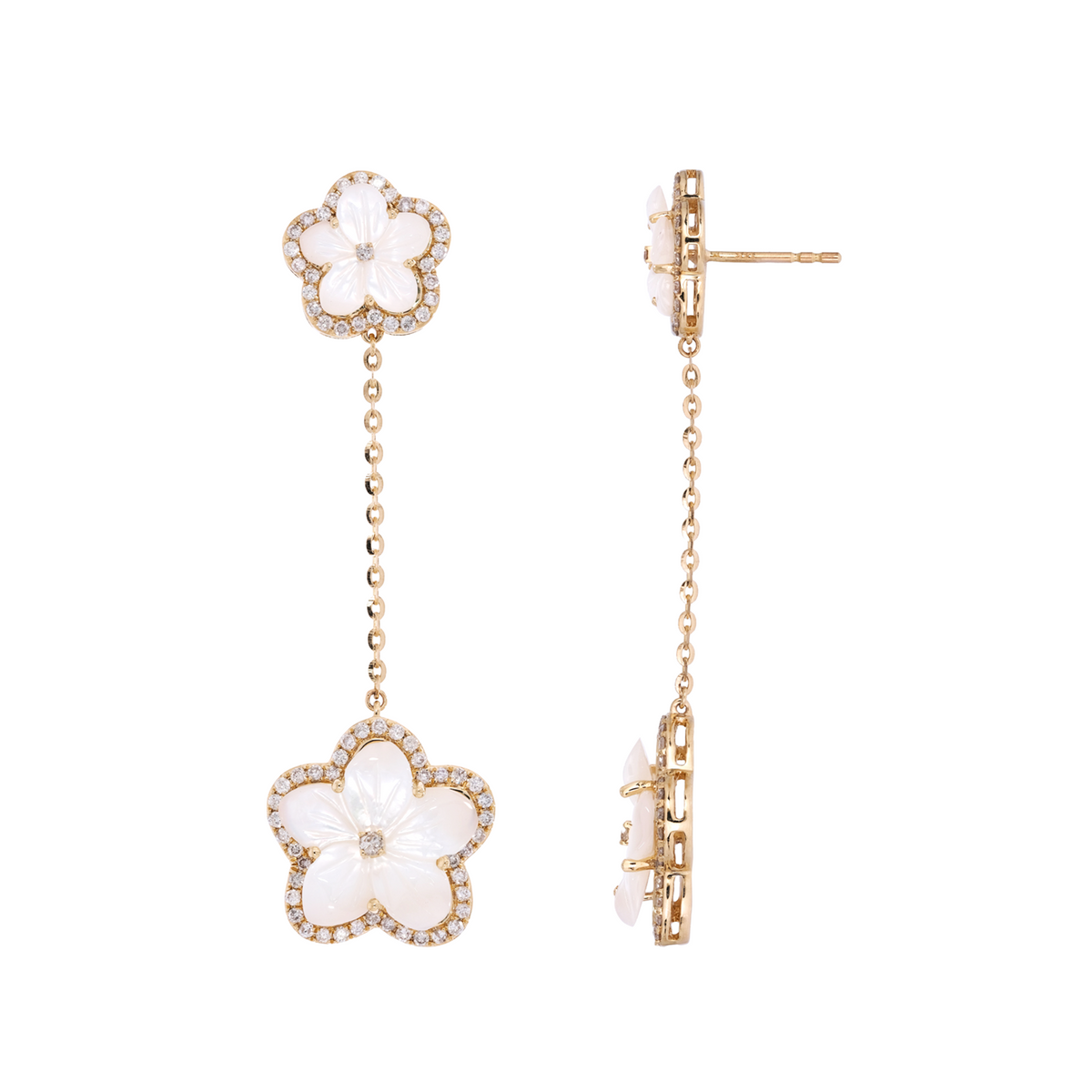 14K Solid Gold Diamonds Mother of Pearl Flower Dangle Earrings