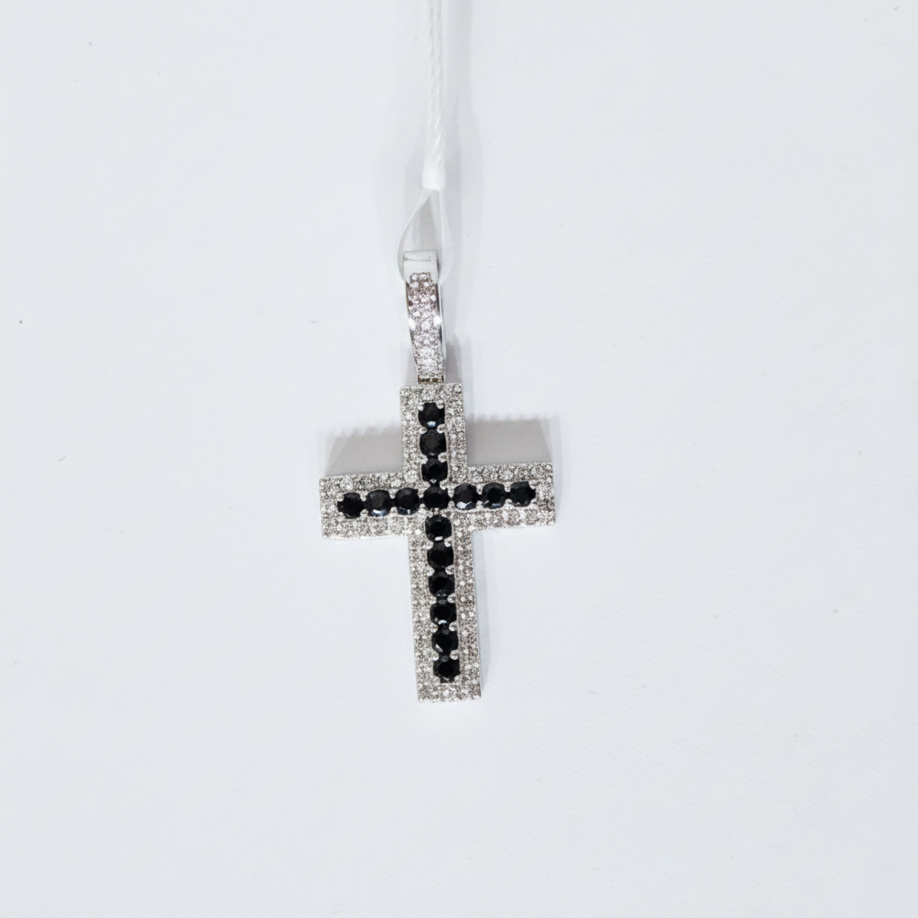 PFC44469BS. 14K Solid Gold Cross Diamond and Blue Sapphire Charm