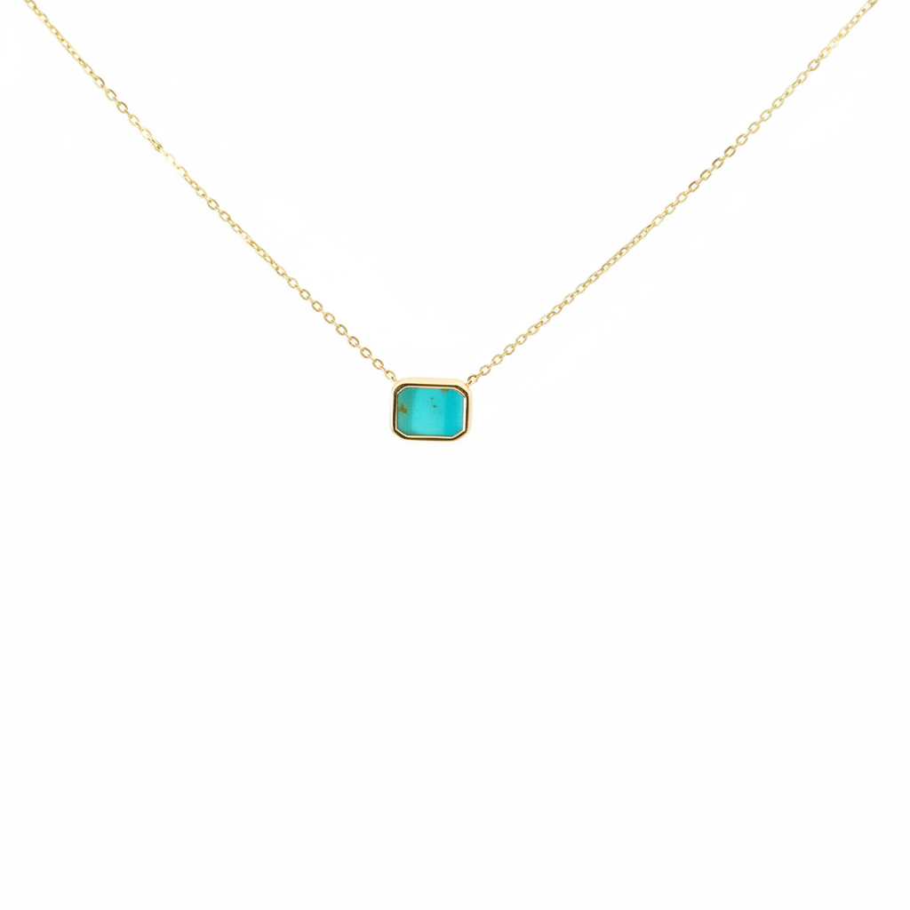 NT410755. 14K Solid Gold Rectangular Turquoise Fancy Tiny Necklace