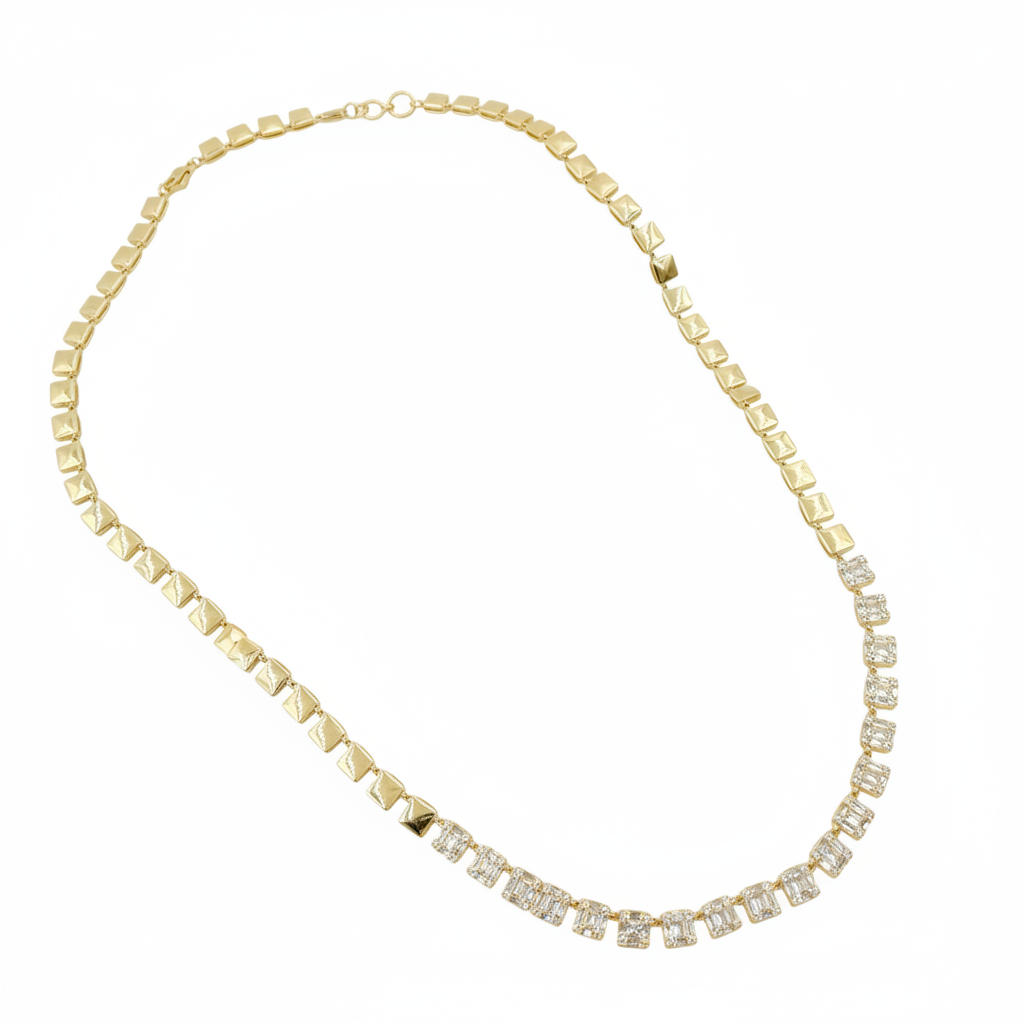 NFP71428. 14K Solid Gold Diamond Baguette Squares Necklace