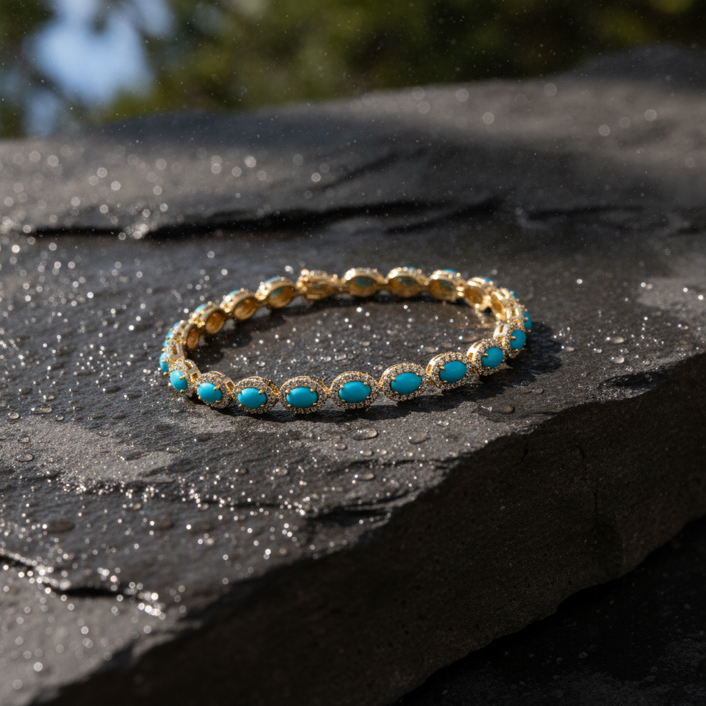 CB97404TQ6X4. 14K Solid Gold Diamond and Turquoise Oval Bracelet