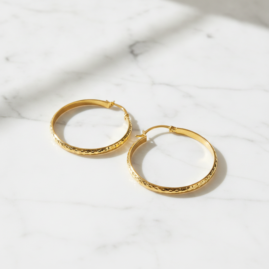 GER76. 14K Gold Diamond Cut Hollow Hoop Earrings