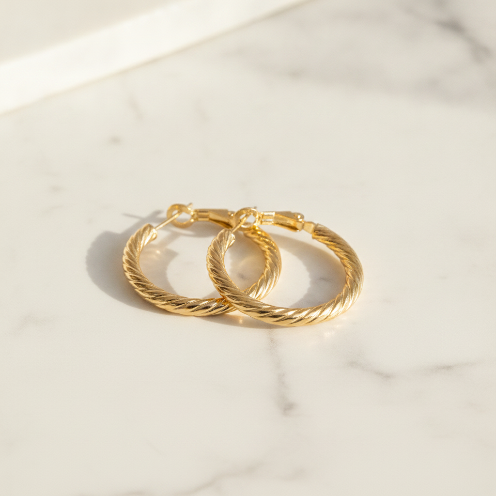15850019965. 14K Solid Gold Fancy Ribbed Hollow Hoop Earrings