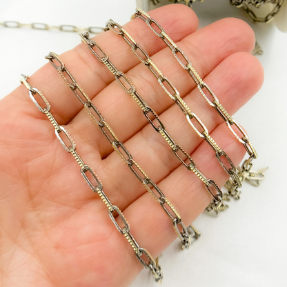 Rhodium and Gold Plated Paperclip Textured Chain