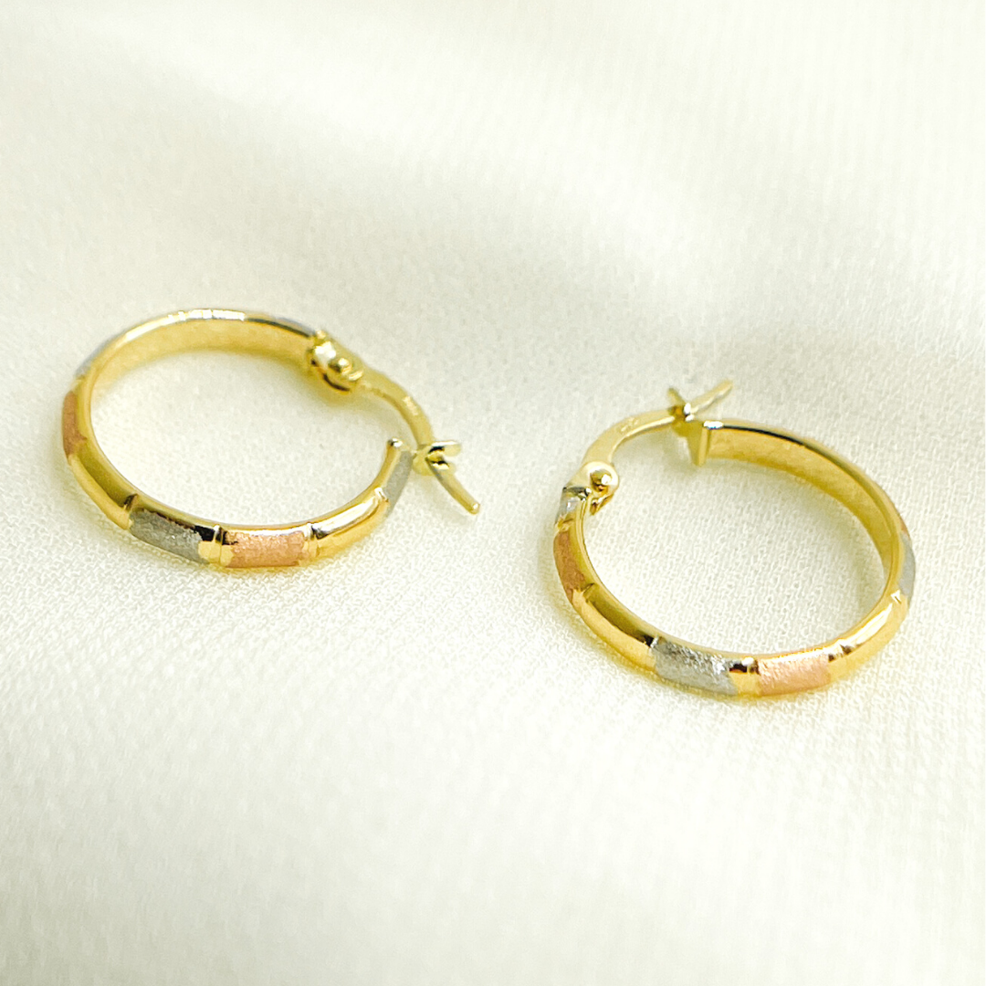 GER50. 14K Solid Tri-Tone Gold Earrings Circle Shape Hoop