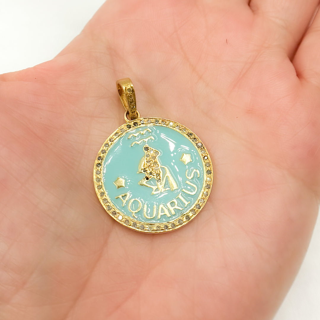 DP626A. Diamond Sterling Silver Aquarius Zodiac Enamel Pendant