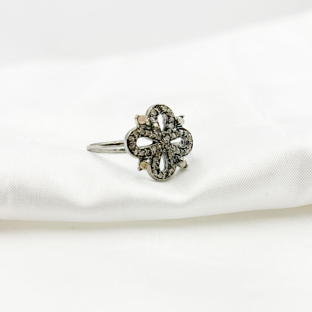 DE015. Diamond Black Rhodium Sterling Silver Flower Ring