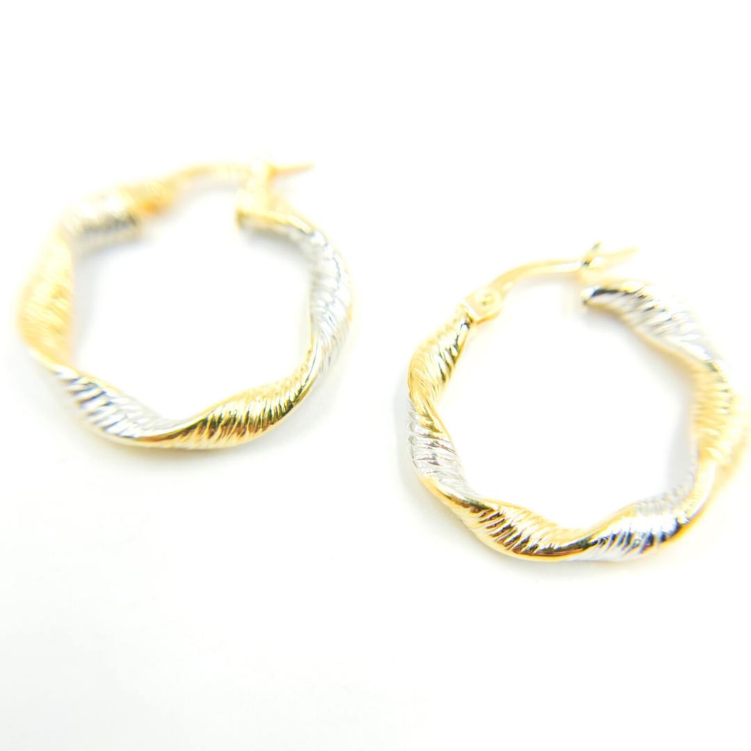 GER32. 14K Solid Gold Twist Round Classic Earrings Circle Shape Hoop