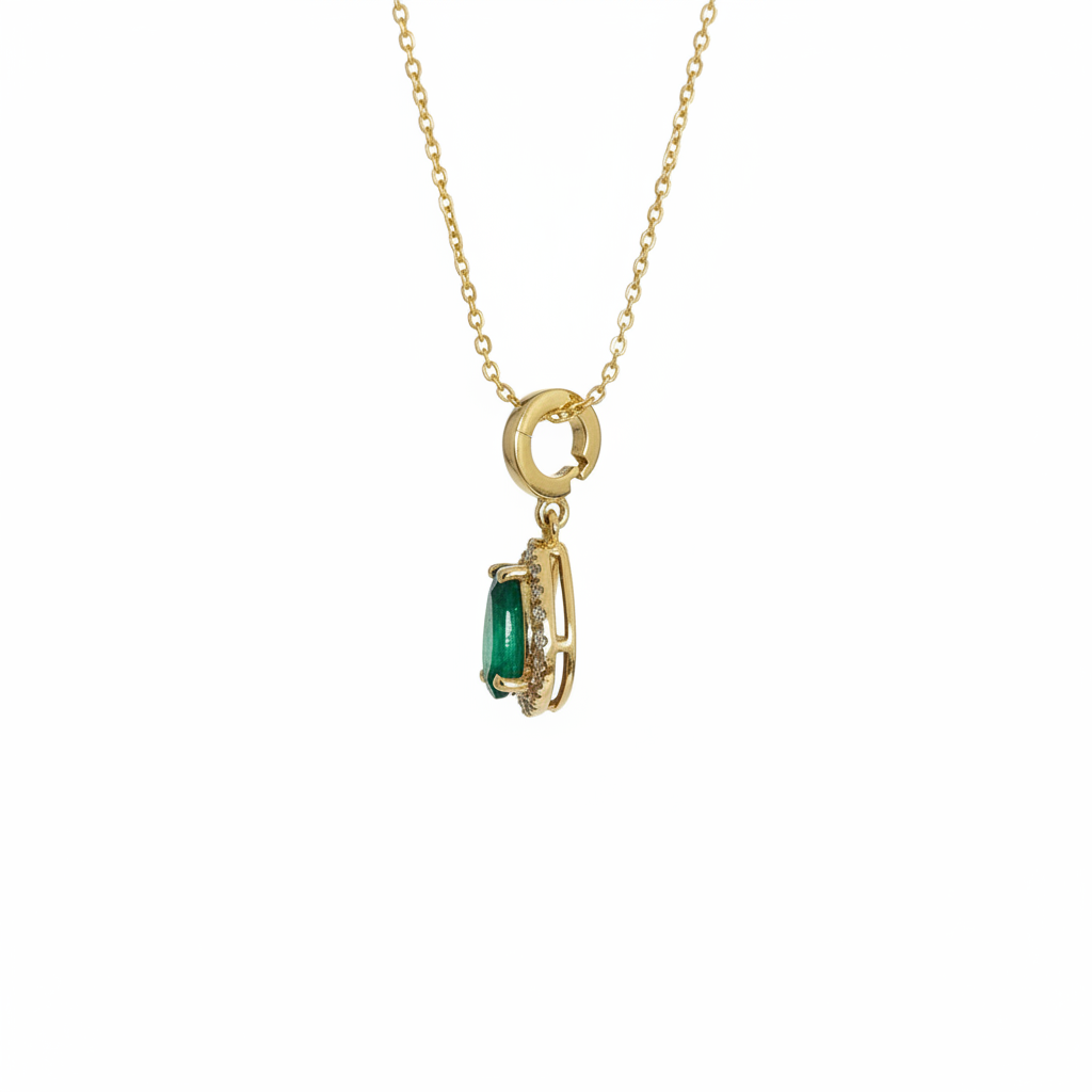 CMB00360EM. 14K Solid Gold Drop-Shaped Emerald and Diamond Charm