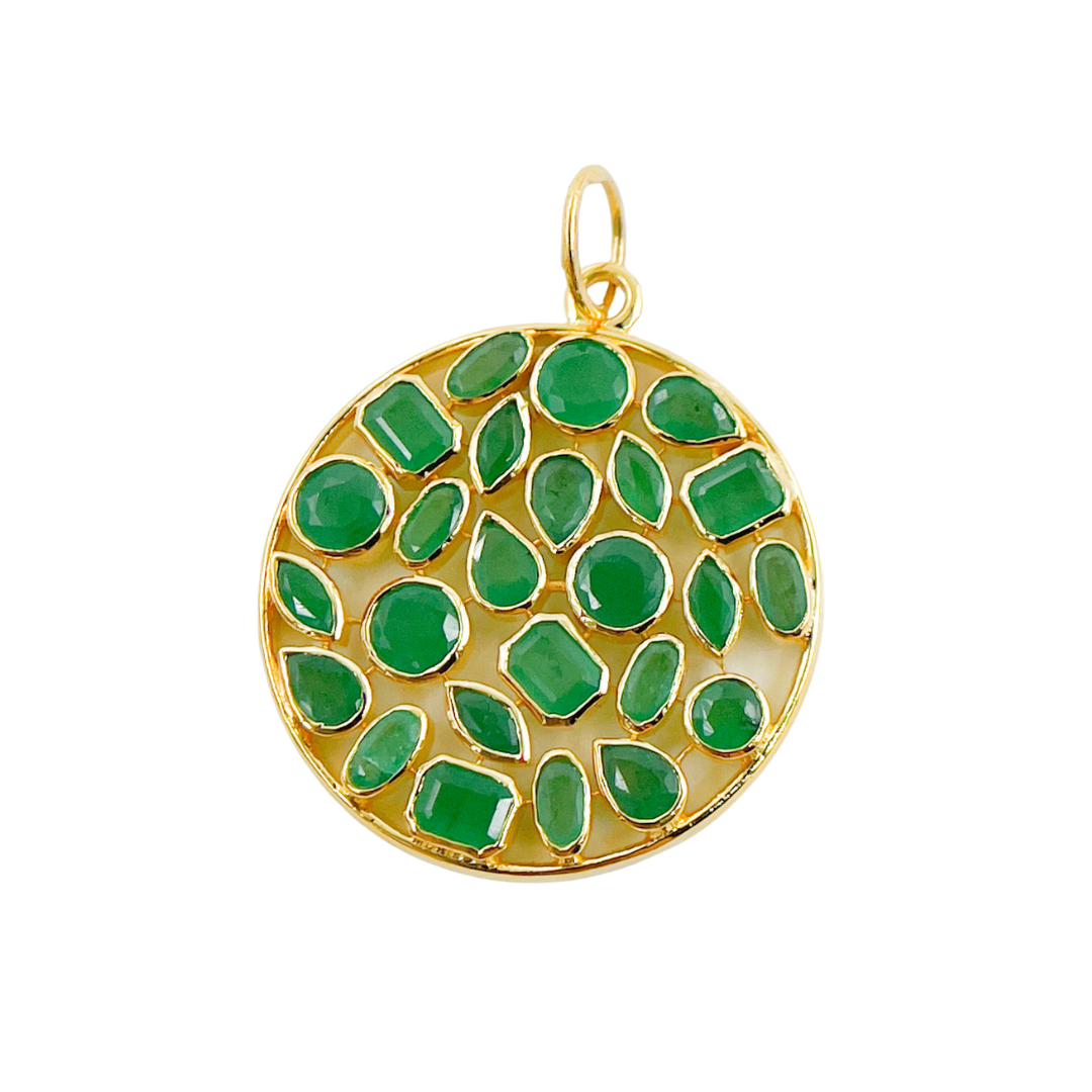 14K Solid Gold Circle Shape Emerald Charm. CGDP36