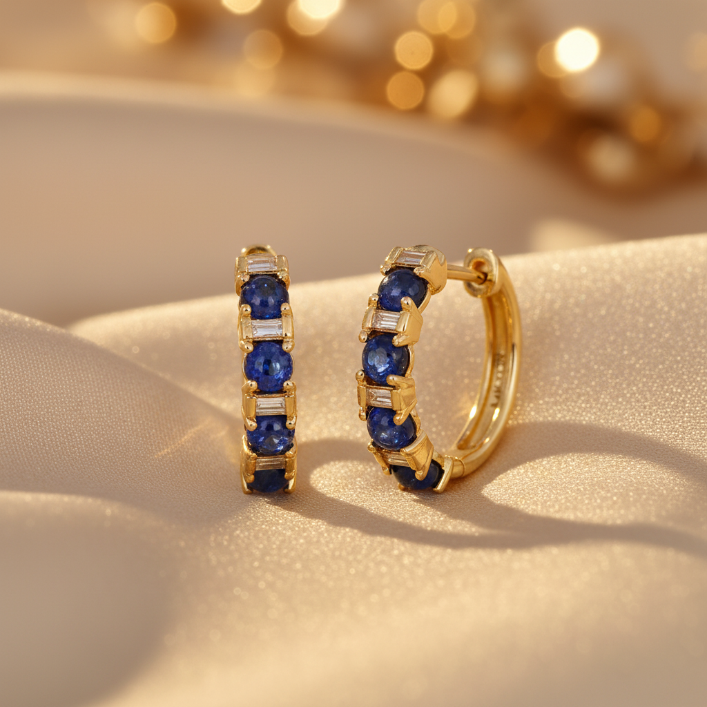 EHC57440. 14K Solid Gold Diamonds and Gemstone Hoops