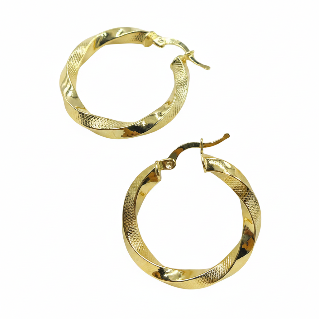 GER120. 14K Solid Gold Twisted Textured Hollow Hoop Earrings 26mm – Lightweight Hoops