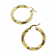 GER120. 14K Solid Gold Twisted Textured Hollow Hoop Earrings 26mm – Lightweight Hoops