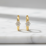 Load image into Gallery viewer, EHD57626. 14K Solid Yellow Gold Diamond Flower Huggie Hoop Earrings