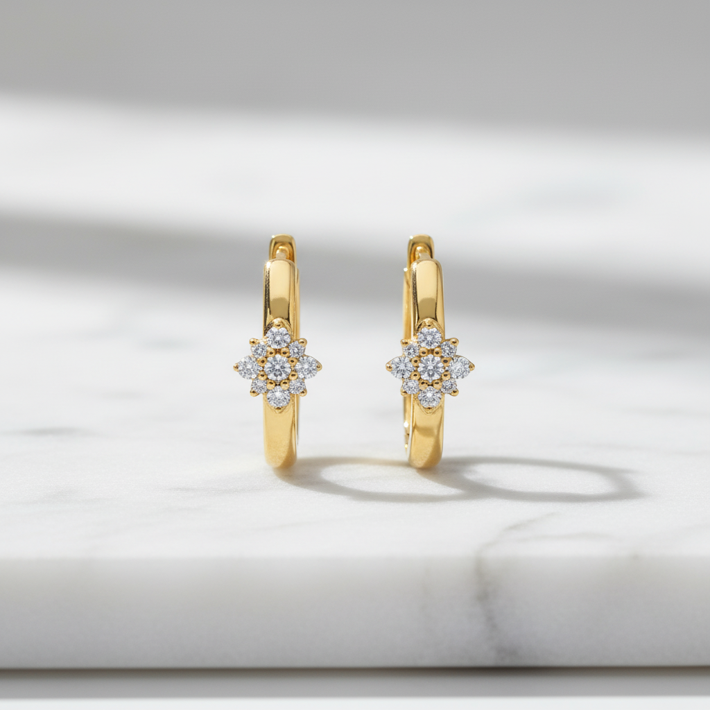 EHD57626. 14K Solid Yellow Gold Diamond Flower Huggie Hoop Earrings