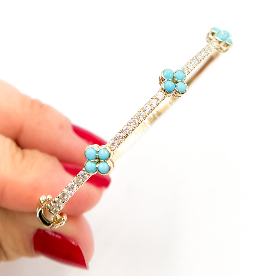 BNH68565TQ. 14K Solid Gold Diamond and Turquoise Flower Bangle