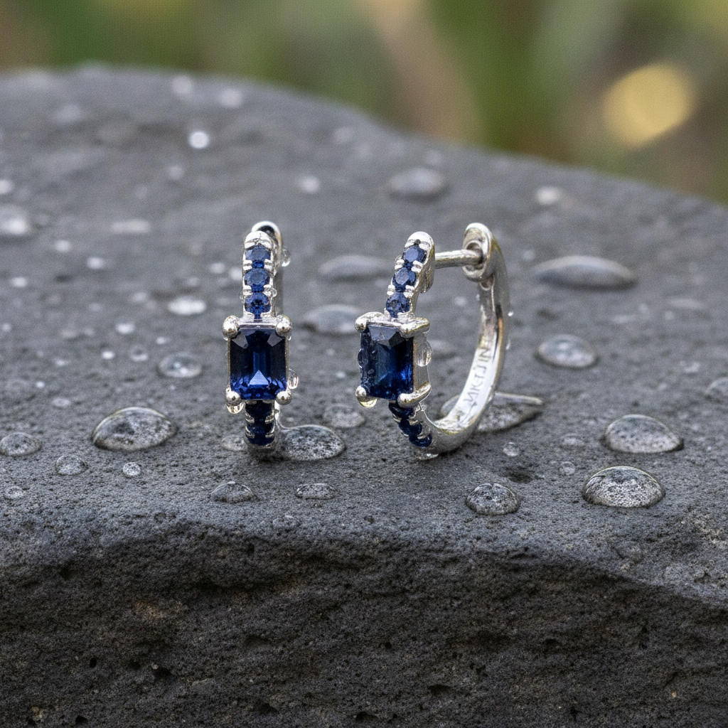 EHZ56727BS. 14K Solid White Gold Blue Sapphire Huggies