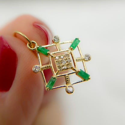 GDP626. 14k Solid Gold Diamond and Emerald Square Charm