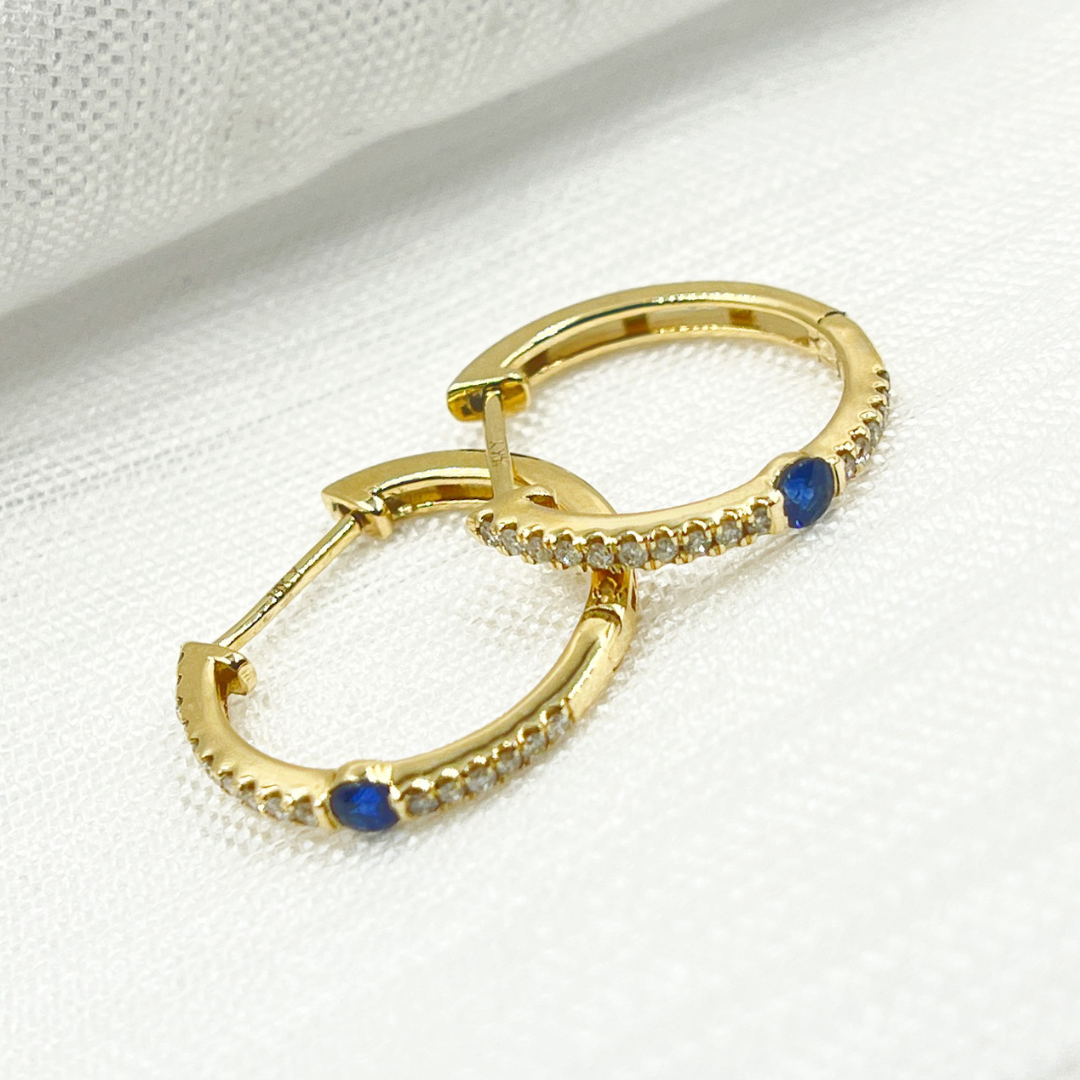 14K Solid Gold Diamond & Blue Sapphire Hoop Earrings. EHC56664BS